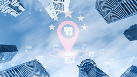 Local business ranking concept highlights brand visibility, location optimization, and customer engagement, helping companies attract nearby clients and improve reputation. Parseの写真素材