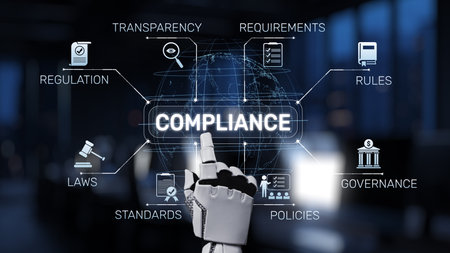 Futuristic Robot Hand Pointing at Compliance Icons and Terms in a Modern Office Environment Focused...