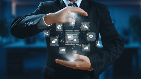 Online ads and digital marketing help brands grow. Content marketing builds engagement. Marketing tools boost ROI. Effective ads and marketing drive online business success.の写真素材