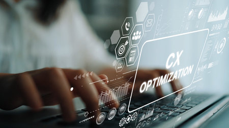 Hands Typing on Laptop with Digital Overlay Illustrating Customer Experience Optimization Concepts...