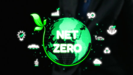 A vibrant depiction of the concept of net zero with a green earth and various icons representing sustainable practices, highlighting environmental responsibility and innovation.の写真素材