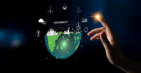 The concept of sustainability with green energy for environmental protection. A vision of a smart city with renewable resources and a clean ecosystem. Motifの写真素材