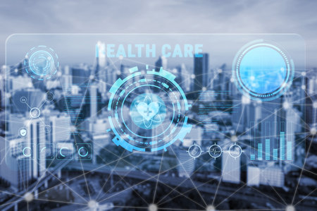 Digital health care technology and medical data dashboard concept. An interface for patient information, diagnostics, and monitoring health records. Motifの写真素材