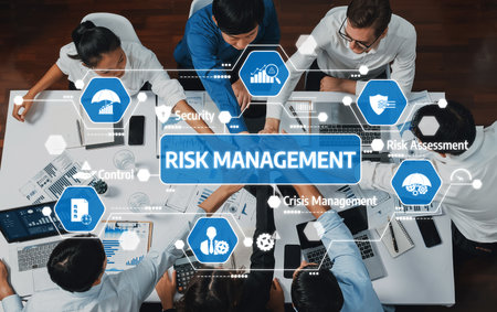 This image depicts a dynamic business team engaged in risk management strategies, featuring visual tools and collaborative efforts for effective crisis and security assessments.の写真素材