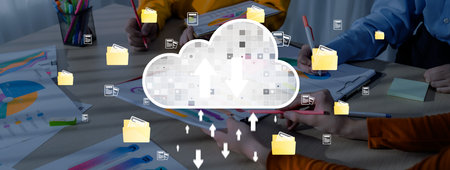 This image showcases a collaborative workspace featuring cloud storage, where team members engage in...