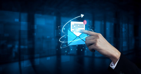 Concept of digital communication and correspondence. Receiving a new message or notification in an email inbox, representing online information exchange and alerts.の写真素材