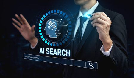 AI search engine systems enhance SEO data access. Intelligent search engines powered by AI improve search results. AI-driven search tools help process and retrieve relevant AI information.の写真素材