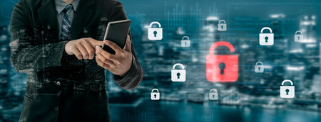 Digital security concept illustrating a cybersecurity breach, with a red unlocked padlock indicating...