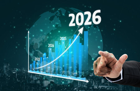 Captivating image displaying a business growth projection through a rising graph, highlighting key years 2023 to 2026 against a dynamic city backdrop. Tesselの写真素材