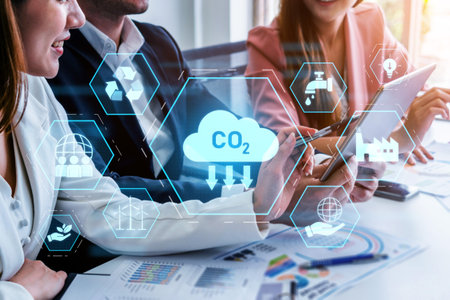 Carbon reduction at the center of sustainable strategies, including renewable energy, recycling, clean water, innovation, global responsibility, and eco-friendly industryの写真素材