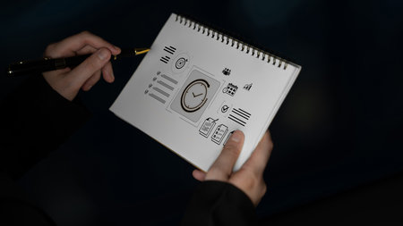 Concept of time management and productivity. Using tools like calendars and checklists to schedule tasks, set goals, and meet project deadlines for business efficiency.の写真素材