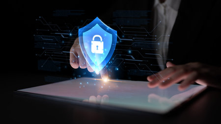 Digital security shield providing network protection and data privacy. This represents a firewall or...