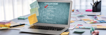 Sticky note for creative and analytic brainstorm for business idea with data dashboard on laptop screen. Analysis financial data visualization tech for marketing strategy.の写真素材