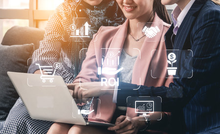 Concept of Return on Investment (ROI) for business. Analyzing financial performance and investment strategy to measure profit, growth, and the success of a marketing campaign.の写真素材