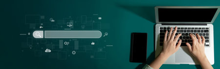 Search engine interface for accessing digital information and online data. Search engine finds data, search engine supports research, drives marketing, search engine improves SEO.の写真素材