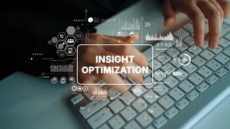 Hands Typing on Keyboard with Digital Graphics Representing Insight and Optimization Concepts. Asymptotic smart data analytic.の写真素材