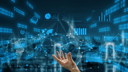 A futuristic hand reaches out towards an immersive digital landscape filled with data...