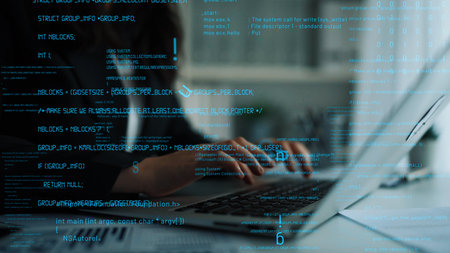 A close-up shot showcasing hands typing on a laptop, surrounded by streams of code and digital data, highlighting the dynamic world of technology and software development.の写真素材