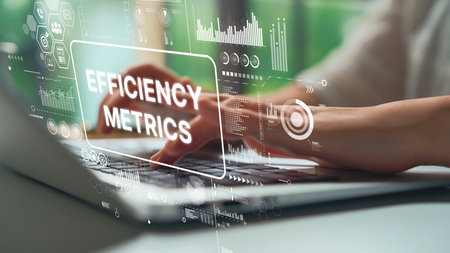 Modern Office Technology with Hands Typing on a Laptop Displaying Efficiency Metrics for Data Analysis and Business Growth. Asymptotic smart data analytic.の写真素材