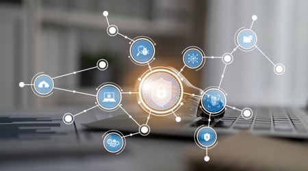 This digital illustration highlights a security network featuring a padlock symbol, representing the...