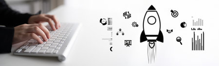 Startup growth begins with innovation, rocket-inspired momentum, and early-stage strategies that power business development and entrepreneurial success.の写真素材