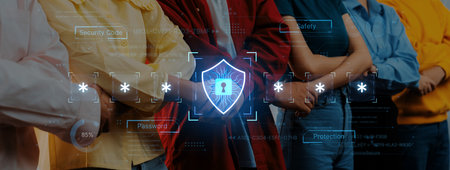 A concept of an advanced cybersecurity system. The futuristic interface shows a multi-factor authentication process using a secure password or PIN for enhanced data protection.の写真素材