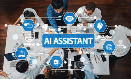 A dynamic scene of professionals collaborating around a conference table, showcasing the integration of AI assistant technology in the modern workplace and enhancing productivity.の写真素材
