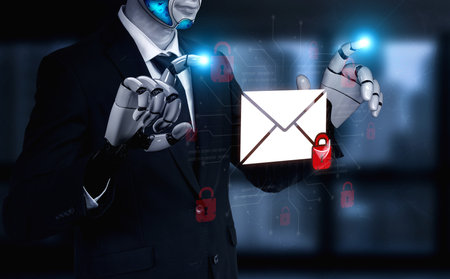 AI assistant ensures secure email communication with advanced encryption. This smart system provides data protection and privacy, defending against phishing, spam, and other threats.の写真素材