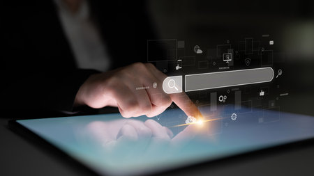 Search engine interface for accessing digital information and online data. Search engine finds data, search engine supports research, drives marketing, search engine improves SEO.の写真素材