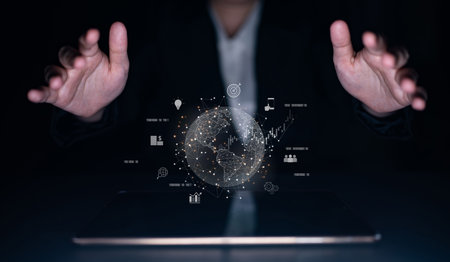 Global business network connecting digital economy and data exchange. Global business expands market, business shares data, global drives finance, and global business supports insight.の写真素材