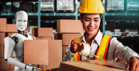 Innovative industry robot working in warehouse together with human worker . Concept of artificial intelligence for industrial revolution and automation manufacturing process .の写真素材