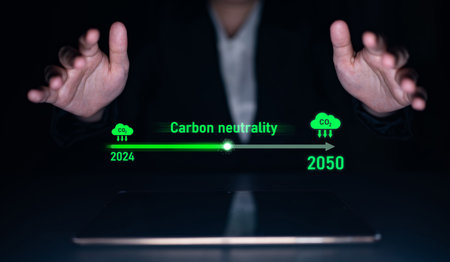 Carbon neutrality timeline illustrates carbon, neutrality, and reduction targets from 2024 to 2050 to support global sustainability and green initiativesの写真素材
