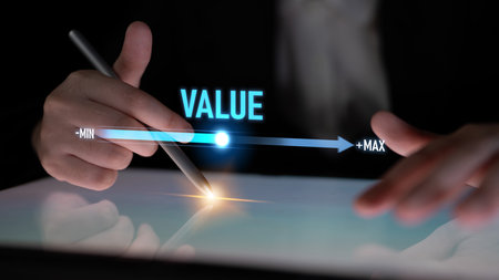 Value measurement and adjustment concept showing value, performance, and optimization level with focus on data analytics, calibration, and improvementの写真素材