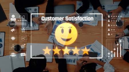 A diverse team engages in a business meeting, focusing on customer satisfaction metrics, utilizing data analytics to enhance strategies and performance outcomes. Rasterの写真素材