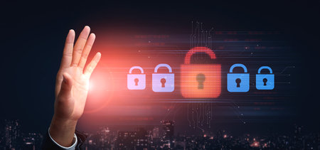 Digital security concept illustrating a cybersecurity breach, with a red unlocked padlock indicating...