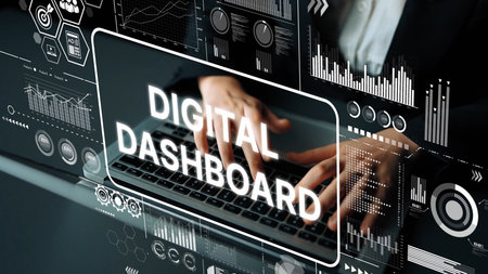Hands typing on keyboard with digital dashboard and data analytics graphics overlay in modern...