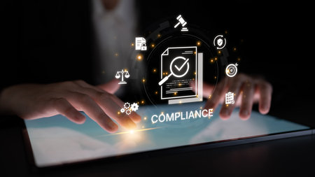 Concept of corporate compliance and risk management. Adhering to legal regulations and internal...