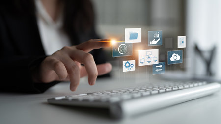 Digital business infrastructure with data system, analytics, sync. System management improves access, system management ensures performance, and system management supports digital operations.の写真素材