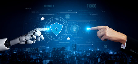 AI securing digital infrastructure, analyzing biometric authentication, monitoring threats, and...