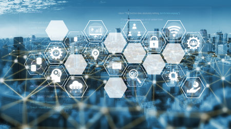 Hexagon interface combining AI, data, analytics, and cybersecurity. AI connects systems, data drives...