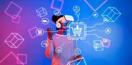 A young woman engages in virtual reality shopping, surrounded by digital graphics, showcasing the...