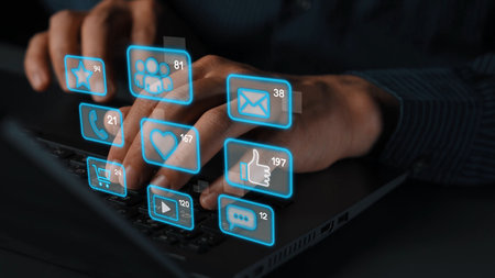 Icons representing social media interaction, communication, and engagement. Social media builds community, social media drives connection, and social media influences behavior.の写真素材