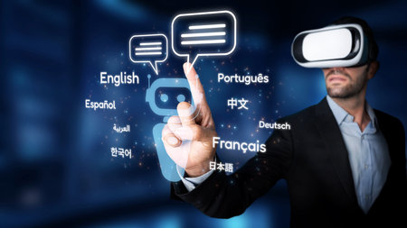 A businessman operates virtual reality technology for language translation, showcasing the benefits of digital communication in a modern office. Rasterの写真素材