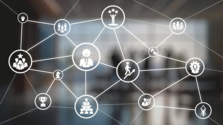 Leadership icons symbolize teamwork, vision, and decision-making. Leadership guides business,...