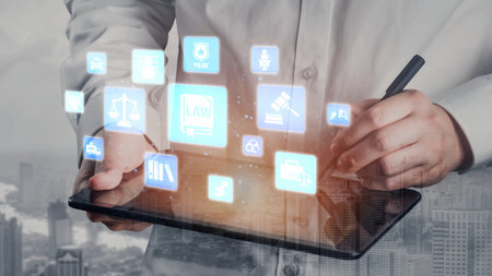 Law icons illustrate justice, court, and regulation system. Law represents fairness, law supports...