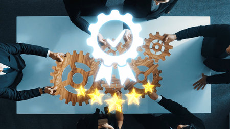 A dynamic business scene showcasing teamwork and excellence, featuring hands coming together around...