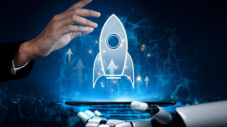 Startup launch and business growth concept, rocket symbolism, entrepreneurship, startup innovation,...