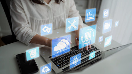 Data recovery icons show backup, data recovery process, and secure restoration. Data recovery ensures system reliability and information access.の写真素材