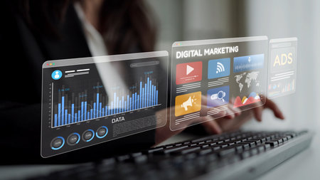 Online ads and digital marketing help brands grow. Content marketing builds engagement. Marketing tools boost ROI. Effective ads and marketing drive online business success.の写真素材