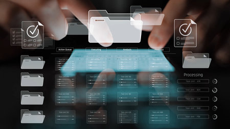 Project management system showing workflow stages, task progress, and review status. Task progress tracks completion, task progress improves workflow, and task progress ensures visibility.の写真素材